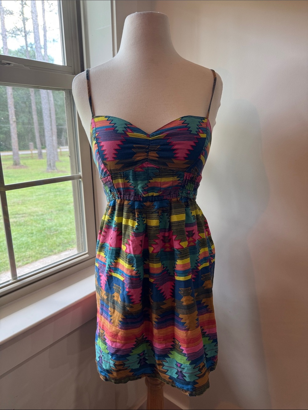Billabong Multicolor Aztec Print Mini Dress - Teal, Pink, Yellow, Blue